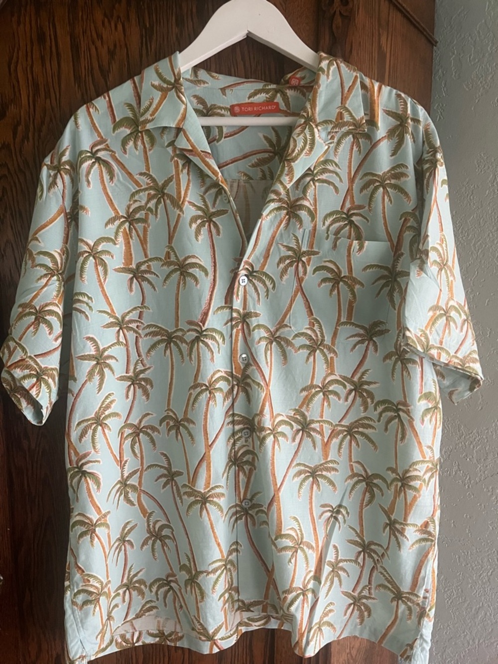 Tori Richard Mint Green Palm-Print Short Sleeve Button-Down Shirt XL